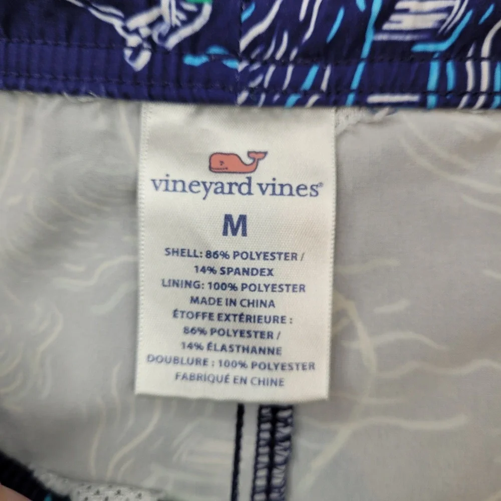 Vineyard Vines Swim Trunks Mens Medium Blue Palm Tree Boat Print Board Shorts